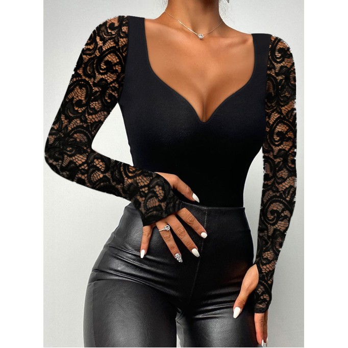 Spliced lace deep V-neck long sleeved T-shirt