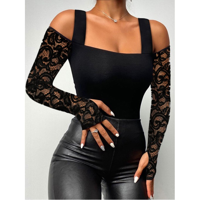 Spliced Lace Off Shoulder Long Sleeve T-shirt