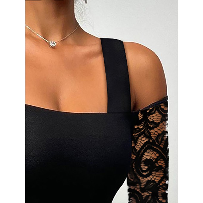 Spliced Lace Off Shoulder Long Sleeve T-shirt