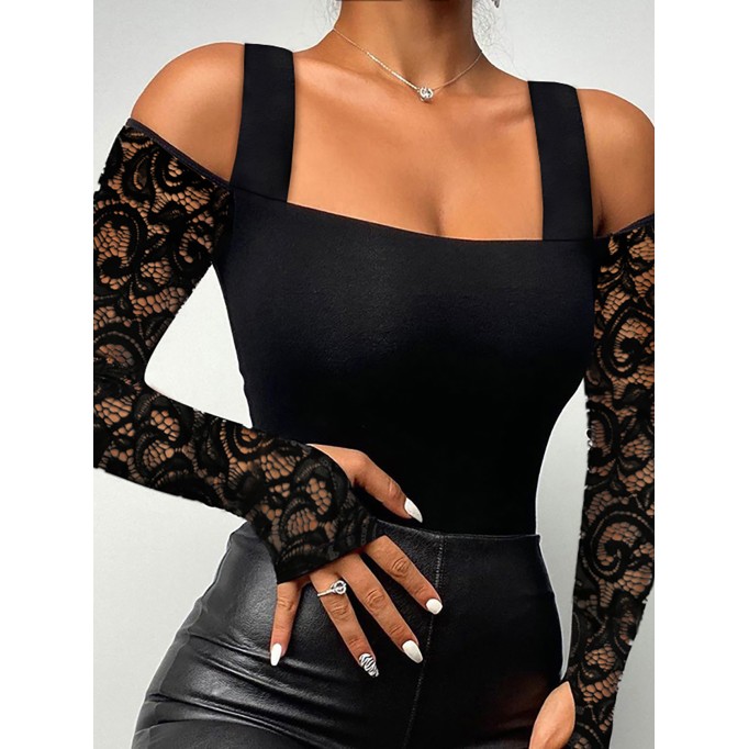 Spliced Lace Off Shoulder Long Sleeve T-shirt