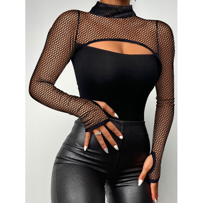 Spliced Mesh High Neck Long Sleeve T-shirt