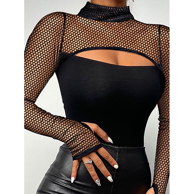 Spliced Mesh High Neck Long Sleeve T-shirt