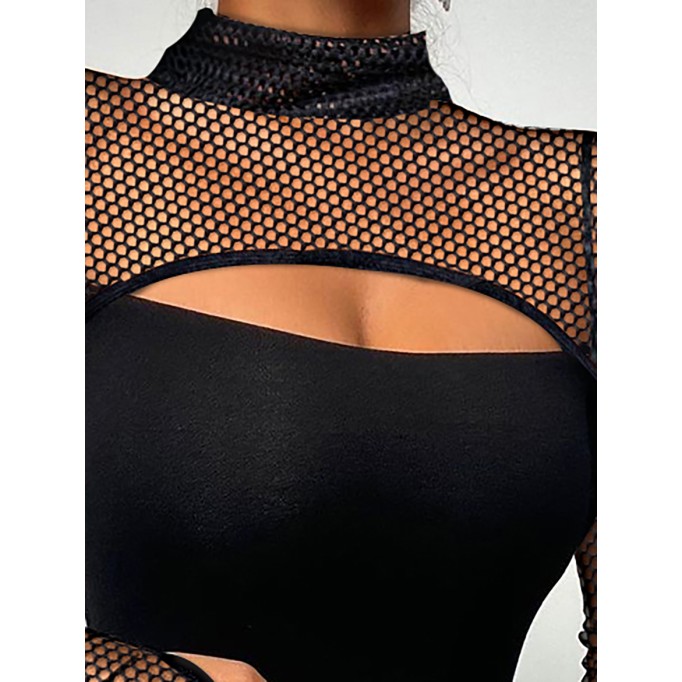 Spliced Mesh High Neck Long Sleeve T-shirt