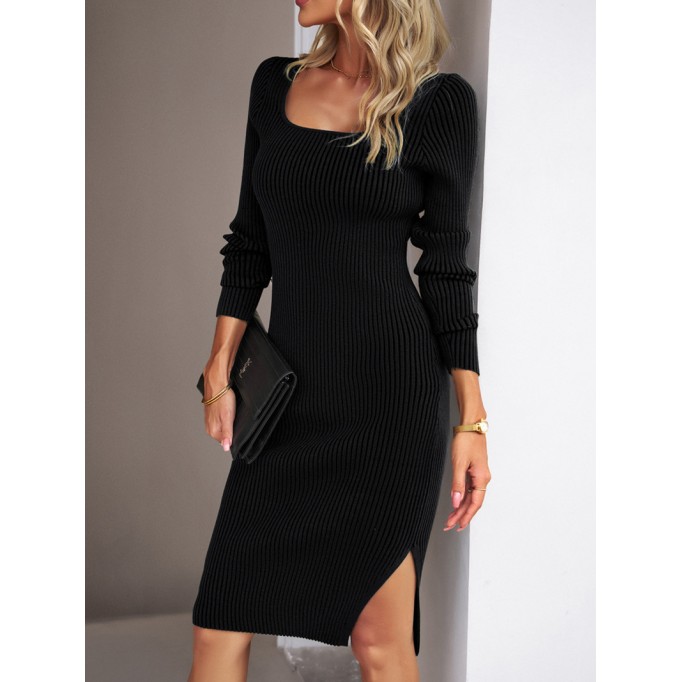 Square neck woolen hip wrap dress