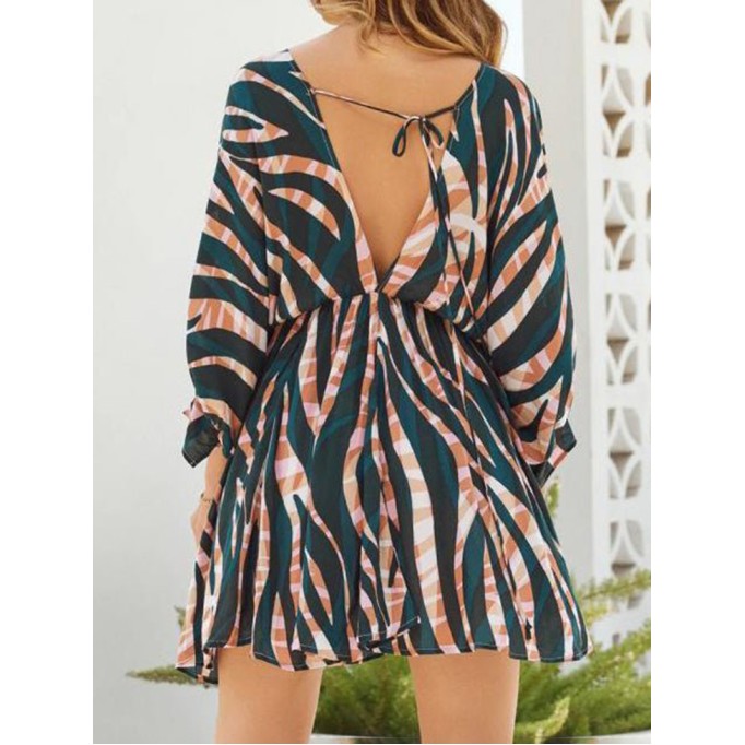 Stripe Print V-Neck Belted Long Sleeve Dress