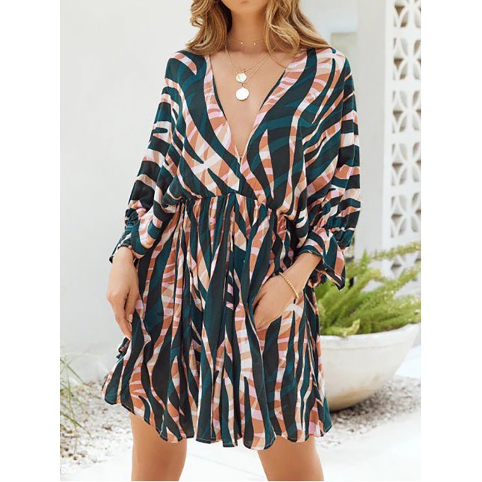 Stripe Print V-Neck Belted Long Sleeve Dress