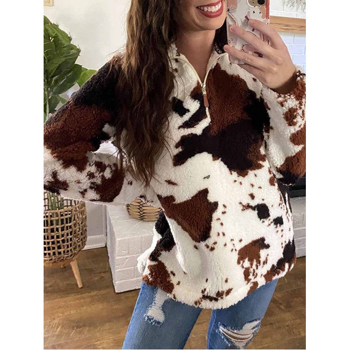 Stylish zipper plush cow print sweatshirt