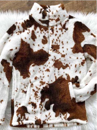 Stylish zipper plush cow print sweatshirt