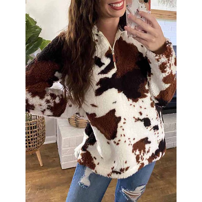 Stylish zipper plush cow print sweatshirt