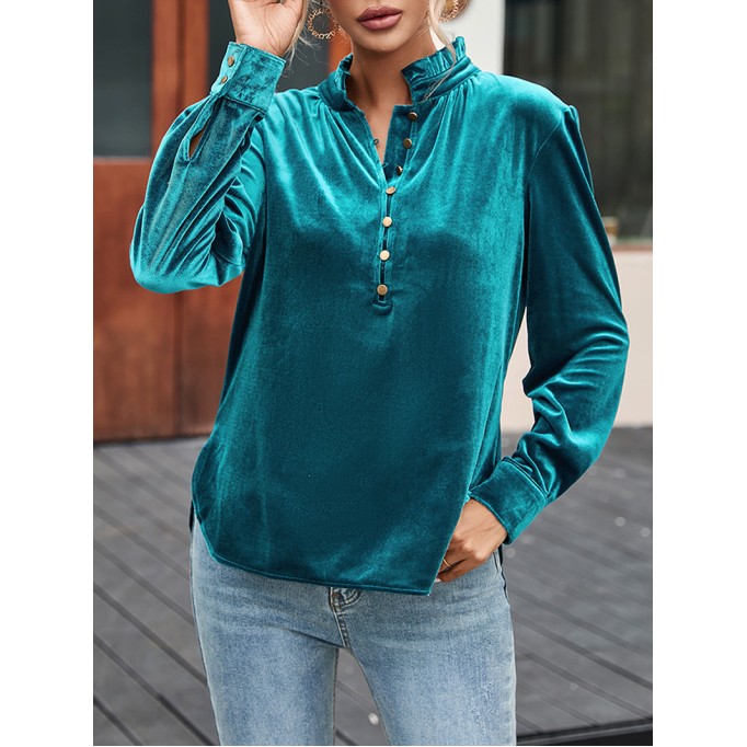 Suede metal button collar casual top