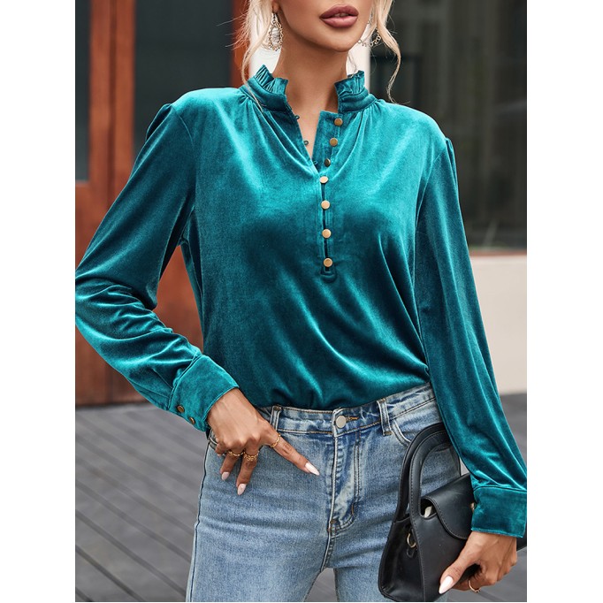 Suede metal button collar casual top