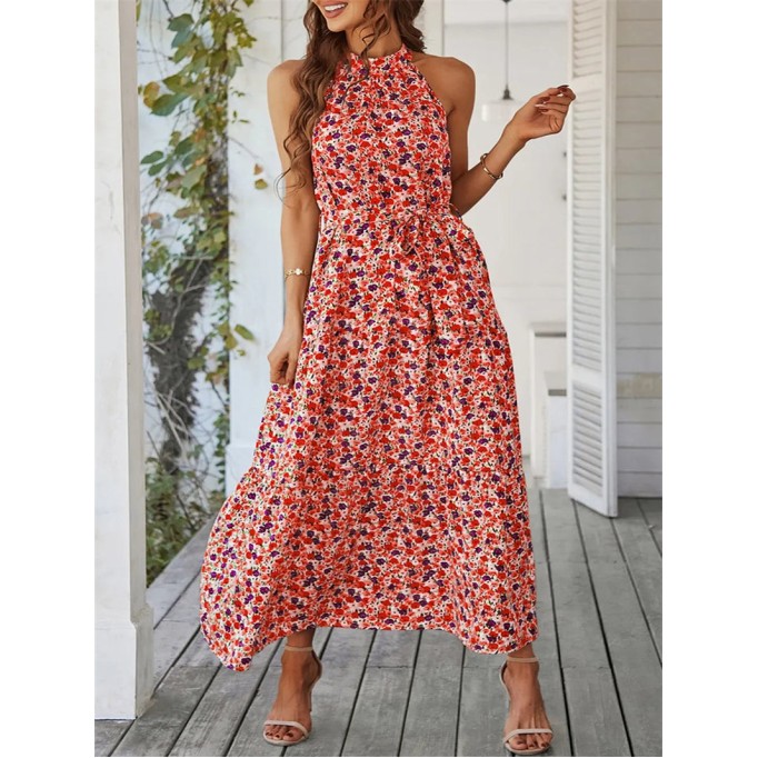 Summer Bohemian Floral Flowering Ruffle Edge Open Collar Sleeveless Long Dress