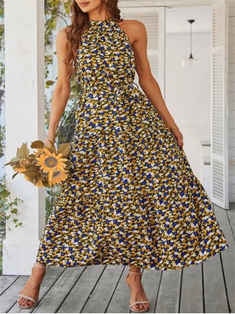 Summer Bohemian Floral Flowering Ruffle Edge Open Collar Sleeveless Long Dress