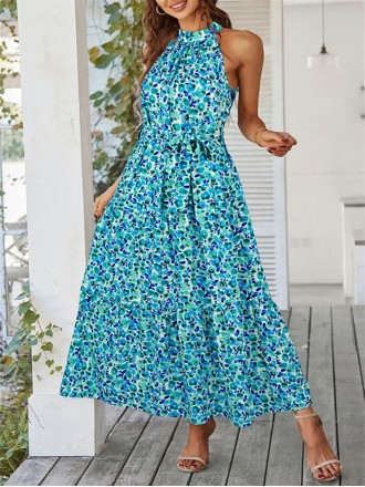 Summer Bohemian Floral Flowering Ruffle Edge Open Collar Sleeveless Long Dress