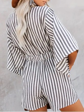 Summer V-neck short sleeve striped jumpsuit