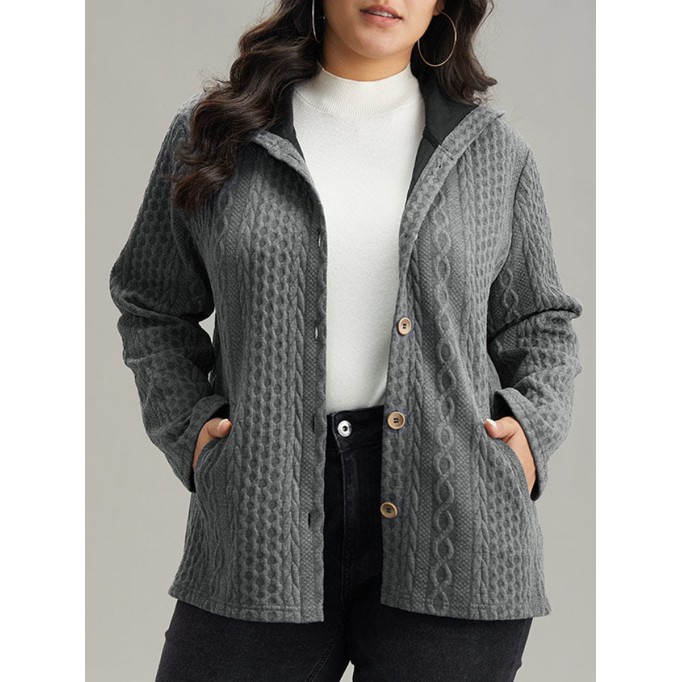 The gray textured jacket has pockets