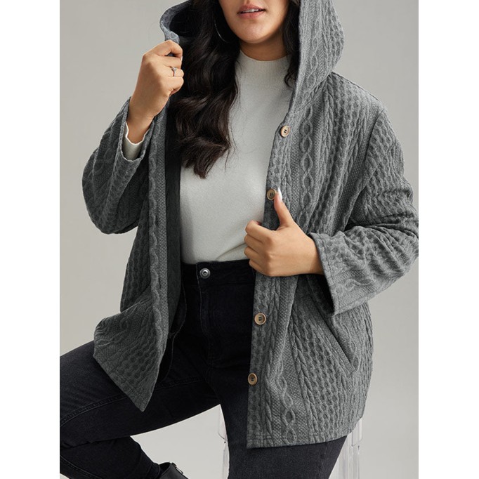 The gray textured jacket has pockets