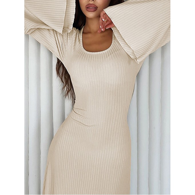 Tie-back flared long-sleeved high-waist ribbed maxi skirt