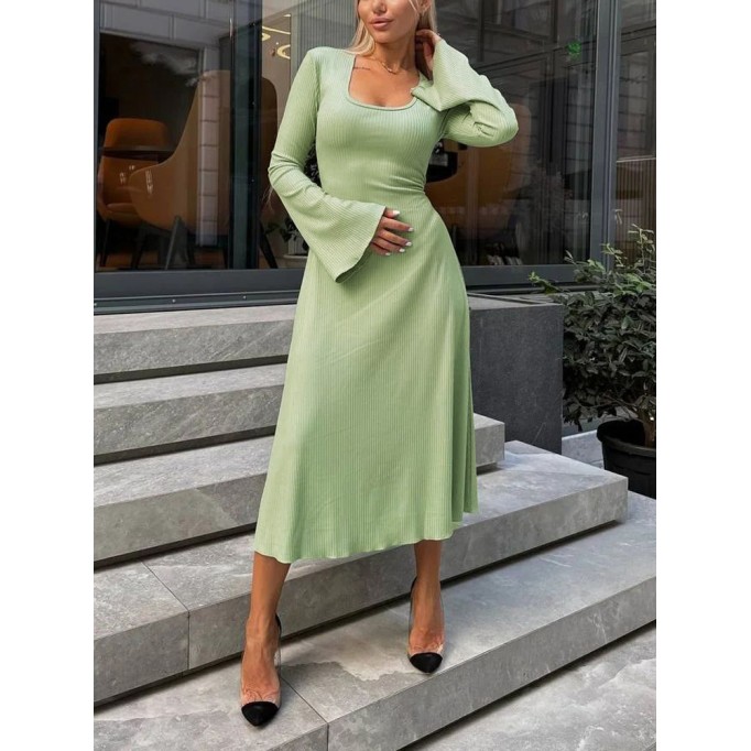 Tie-back flared long-sleeved high-waist ribbed maxi skirt