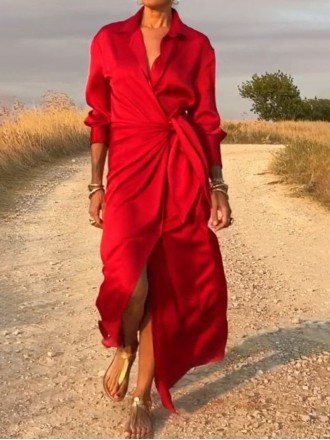 Tie High Waist Long Sleeve Slit Dress