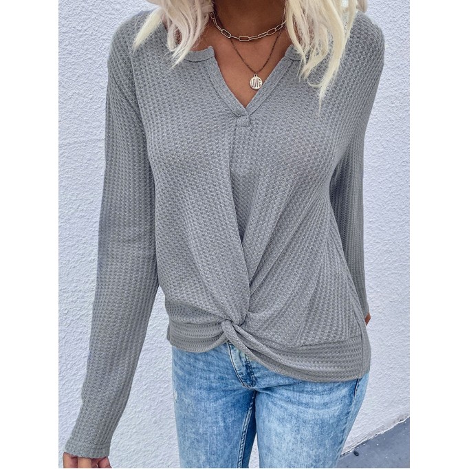 Twist Front Long Sleeve Waffle Knit Top