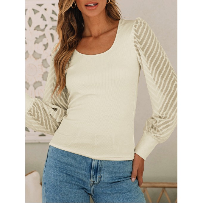 U-neck knitted patchwork transparent mesh casual top