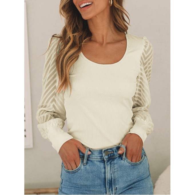 U-neck knitted patchwork transparent mesh casual top