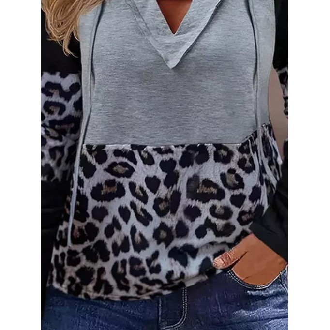 V-neck cross lace-up leopard print patchwork knit T-shirt