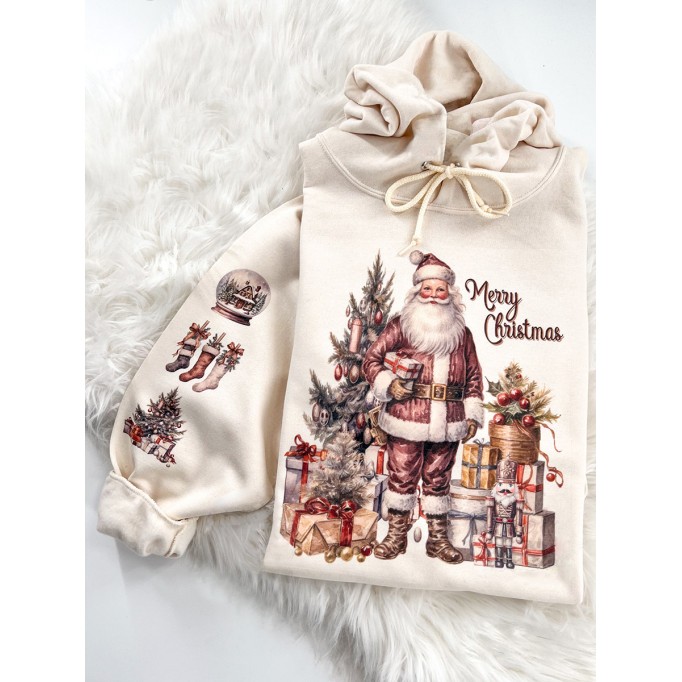 Vintage Santa Claus Long Sleeve Printed Hoodie