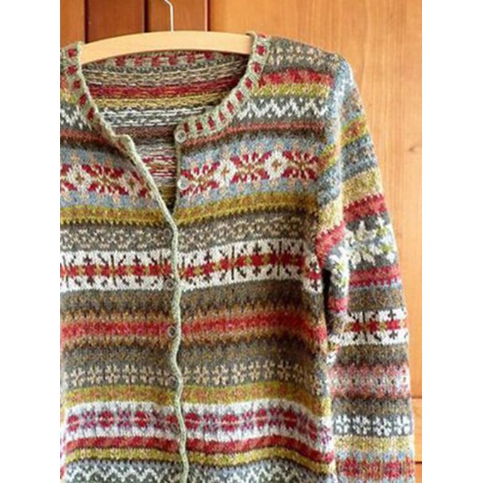 Vintage Tribal Geometry Rainbow Button Comfy Sweater