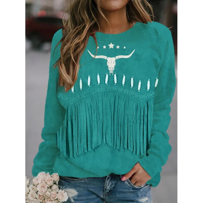 Vintage Western Fringe & Bull Skull Art Sweatshirt