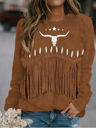 Vintage Western Fringe & Bull Skull Art Sweatshirt