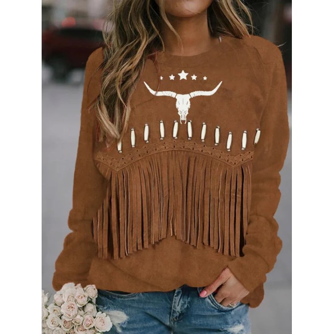 Vintage Western Fringe & Bull Skull Art Sweatshirt