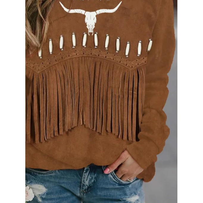 Vintage Western Fringe & Bull Skull Art Sweatshirt