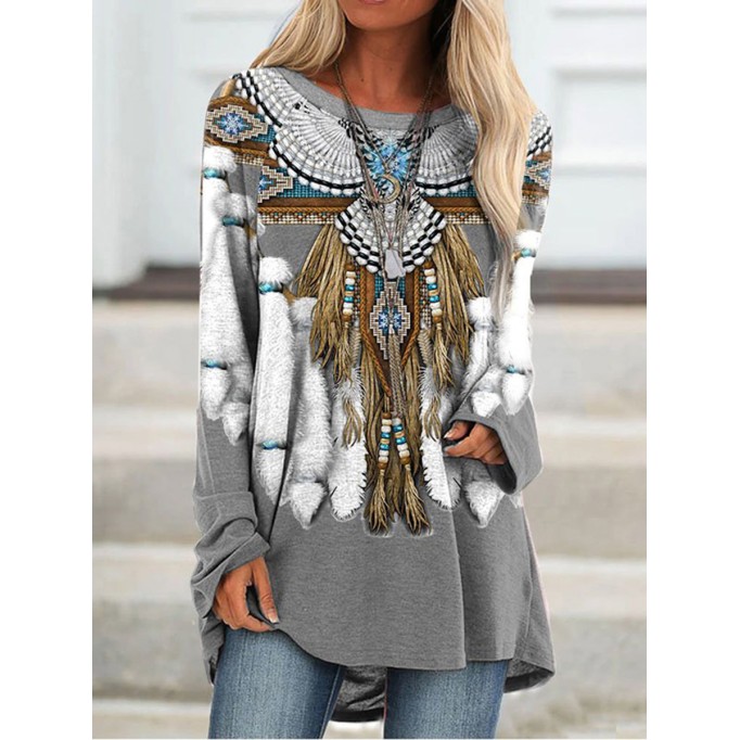 Vintage Western Print Long Sleeve Casual Tunic