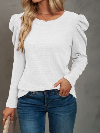 Waffle-Knit Puff Sleeve Round Neck Top