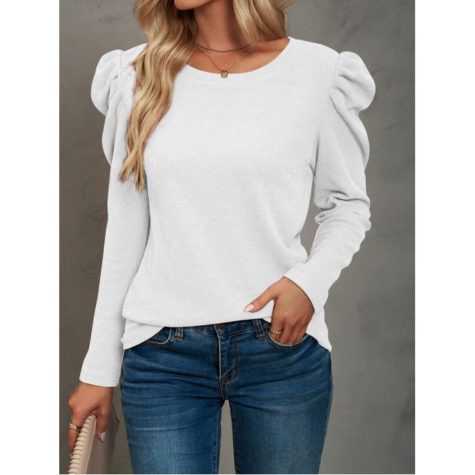 Waffle-Knit Puff Sleeve Round Neck Top