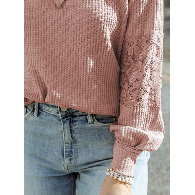 Waffle plaid lace up V-neck long sleeved top