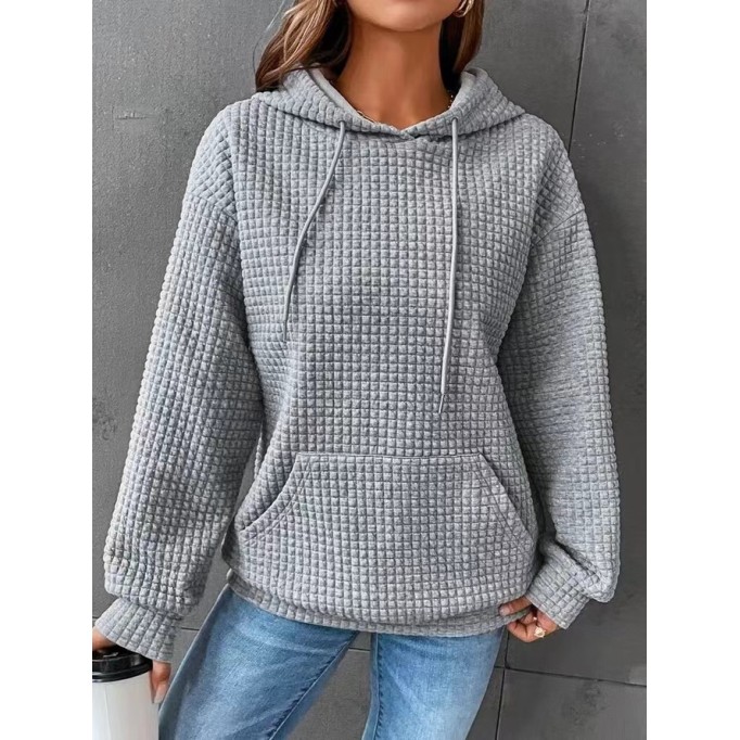 Waffle round neck long sleeved sweater solid color top