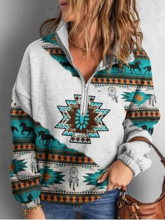 Western contrast print zipper sweatshirt