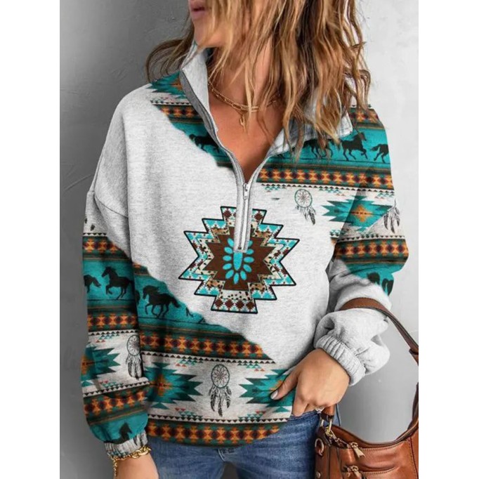 Western contrast print zipper sweatshirt