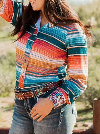 Western contrast stripe print long sleeve shirt