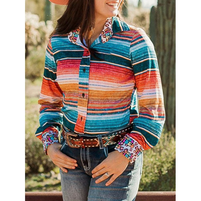 Western contrast stripe print long sleeve shirt