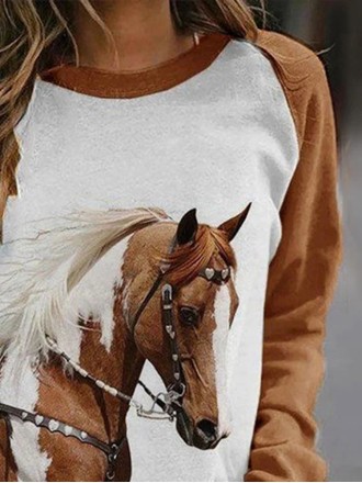 Western Horse Print Panel Crewneck Sweatshirt