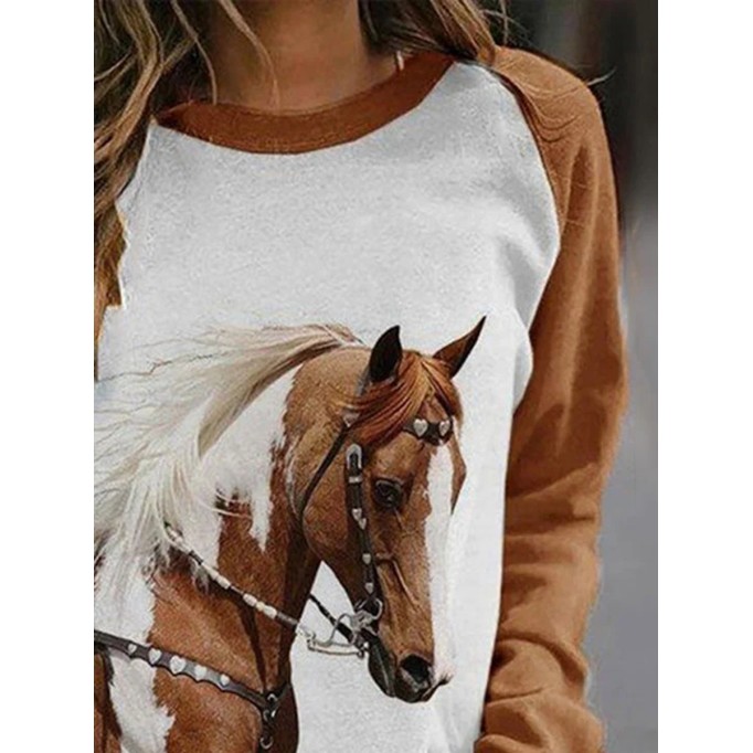 Western Horse Print Panel Crewneck Sweatshirt