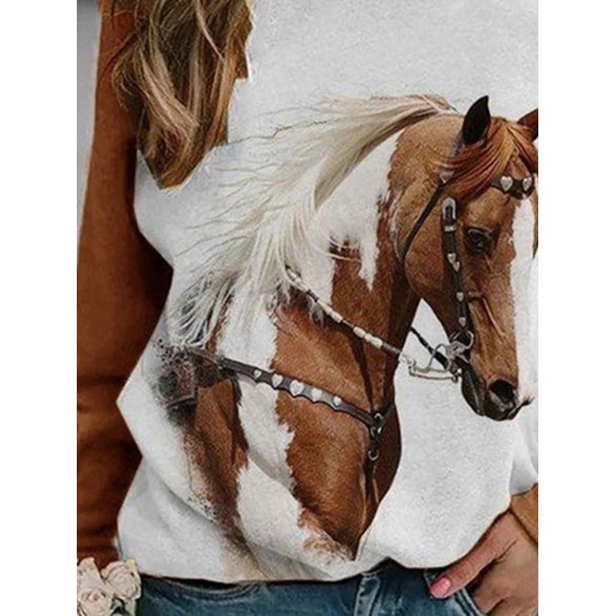 Western Horse Print Panel Crewneck Sweatshirt