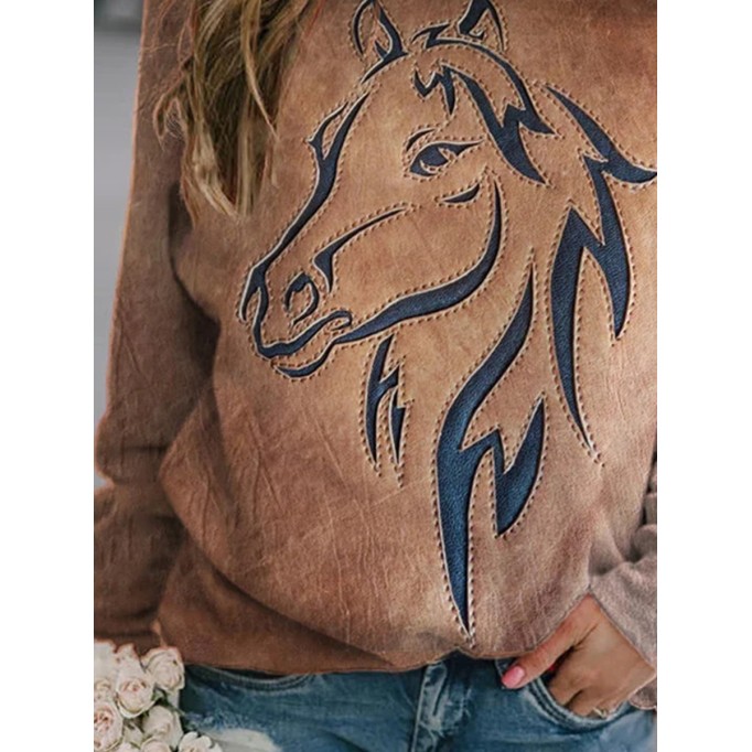 Western Horse Print Panel Crewneck Sweatshirt