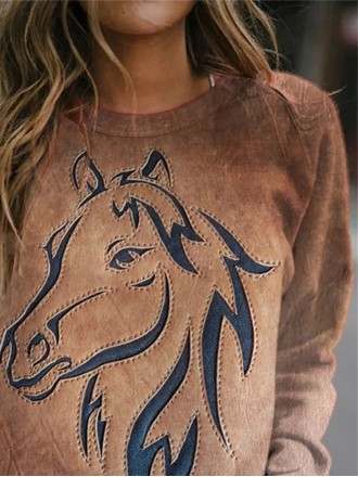 Western Horse Print Panel Crewneck Sweatshirt