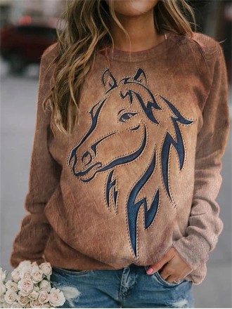 Western Horse Print Panel Crewneck Sweatshirt