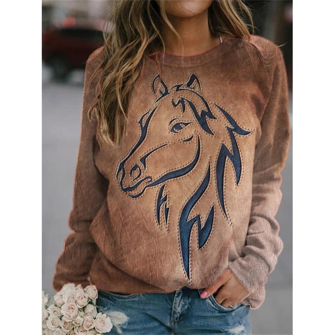 Western Horse Print Panel Crewneck Sweatshirt